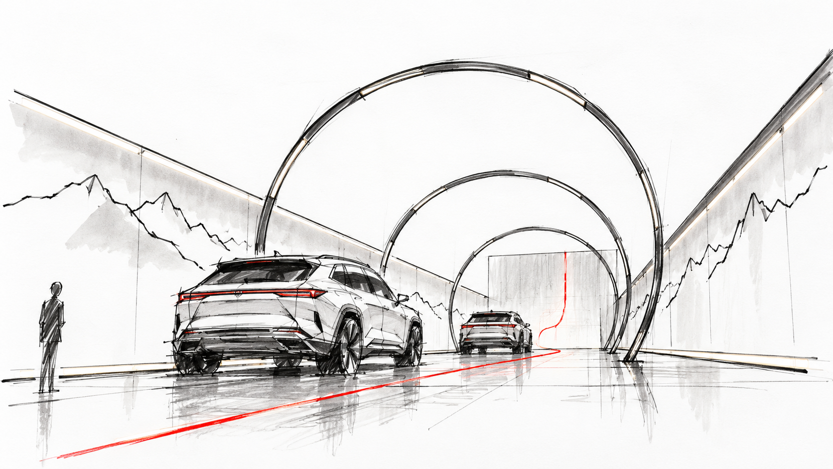 Žemo rakurso galerijos eskizas: keli žiedai gilyn, du automobilių siluetai ir šoninės kalnų panoramos.