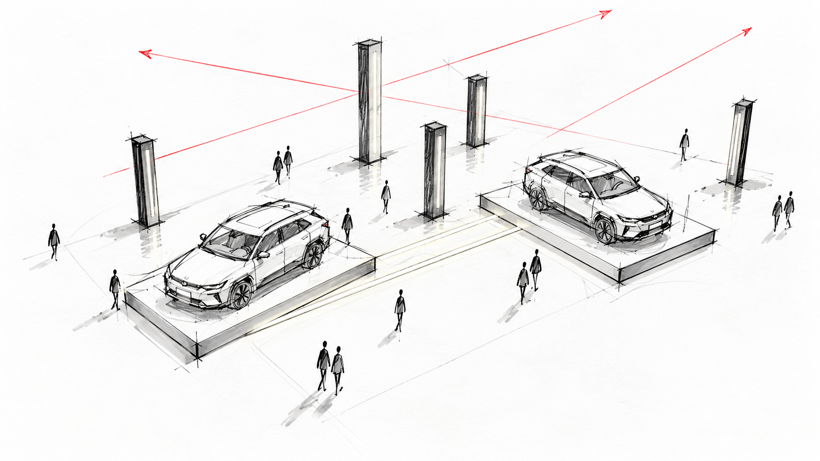 Eskizas iš aukšto įstrižo rakurso: du automobiliai ant atskirų platformų, iš LED ekranų siūlomos suformuoti kolonos ir tarp jų judantys svečiai.