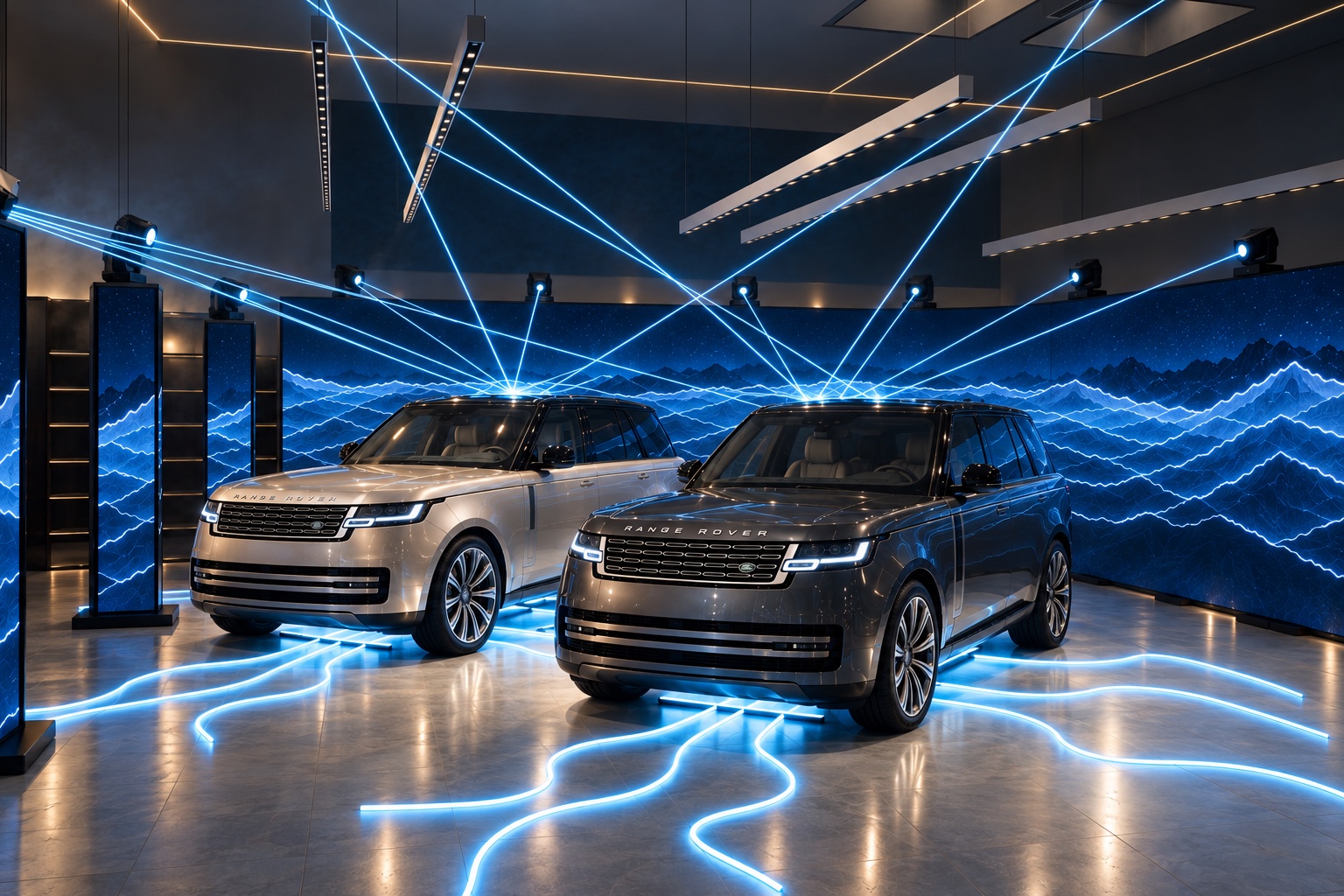 Salono renginio vizualizacija: du Range Rover, lenkta LED panorama, LED kolonos ir lazerių atspindžiai nuo stogų.