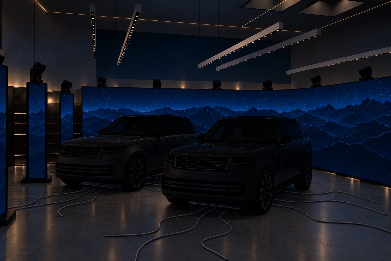 LED peizažas. Automobilių šviesos ir grindų juostos dar užgesintos.