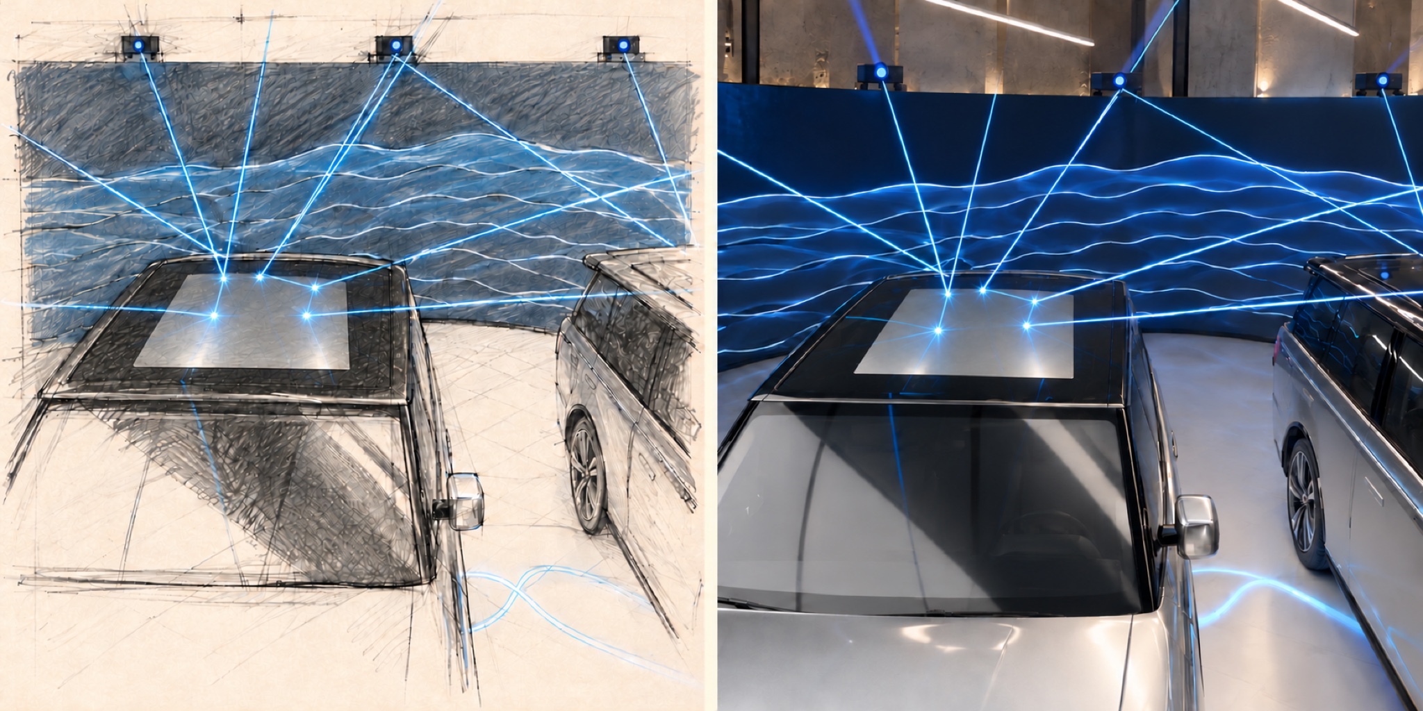 Optinio paviršiaus ant automobilio stogo ir pavienių ryškių lazerių atspindžių studija. Kairėje – pieštinio eskizo stilius, dešinėje – atmosferos vizualizacija iš kiek kito rakurso.